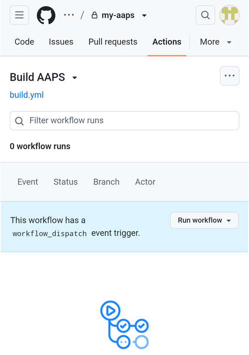 带有 Run workflow 按钮的 GitHub Build AAPS 页面