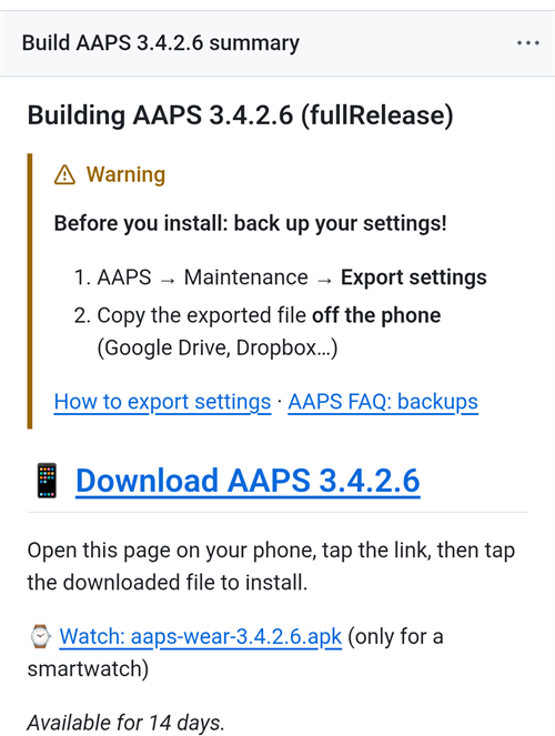 带有 Download AAPS 链接的构建摘要